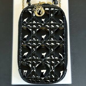 Lady Dior Call'in Dior Phone Holder Crossbody Black Patent Cannage Calfskin phon